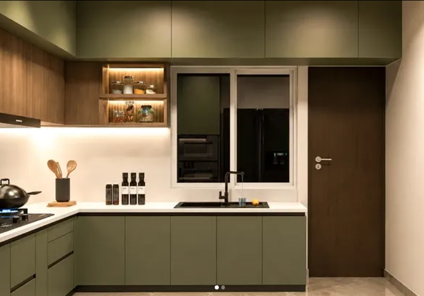 Olive kitchen — handleless shutters, integrated fridge