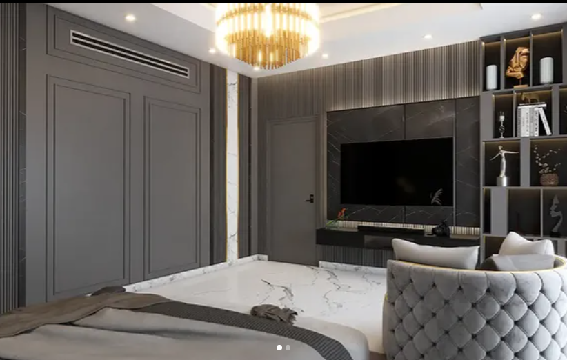 Master bedroom — fluted wardrobe wall, floating TV console
