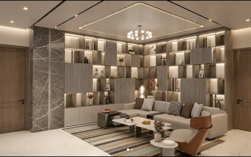 Living room — floor-to-ceiling display shelving
